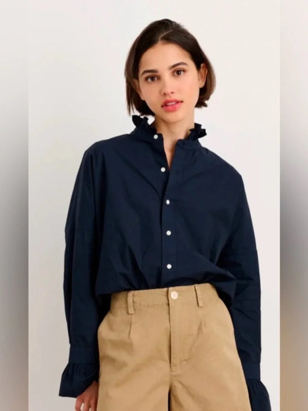 Alex Mill NWOT Easy Paper Poplin Ruffle Shirt Size M in Navy - Picture 2 of 12